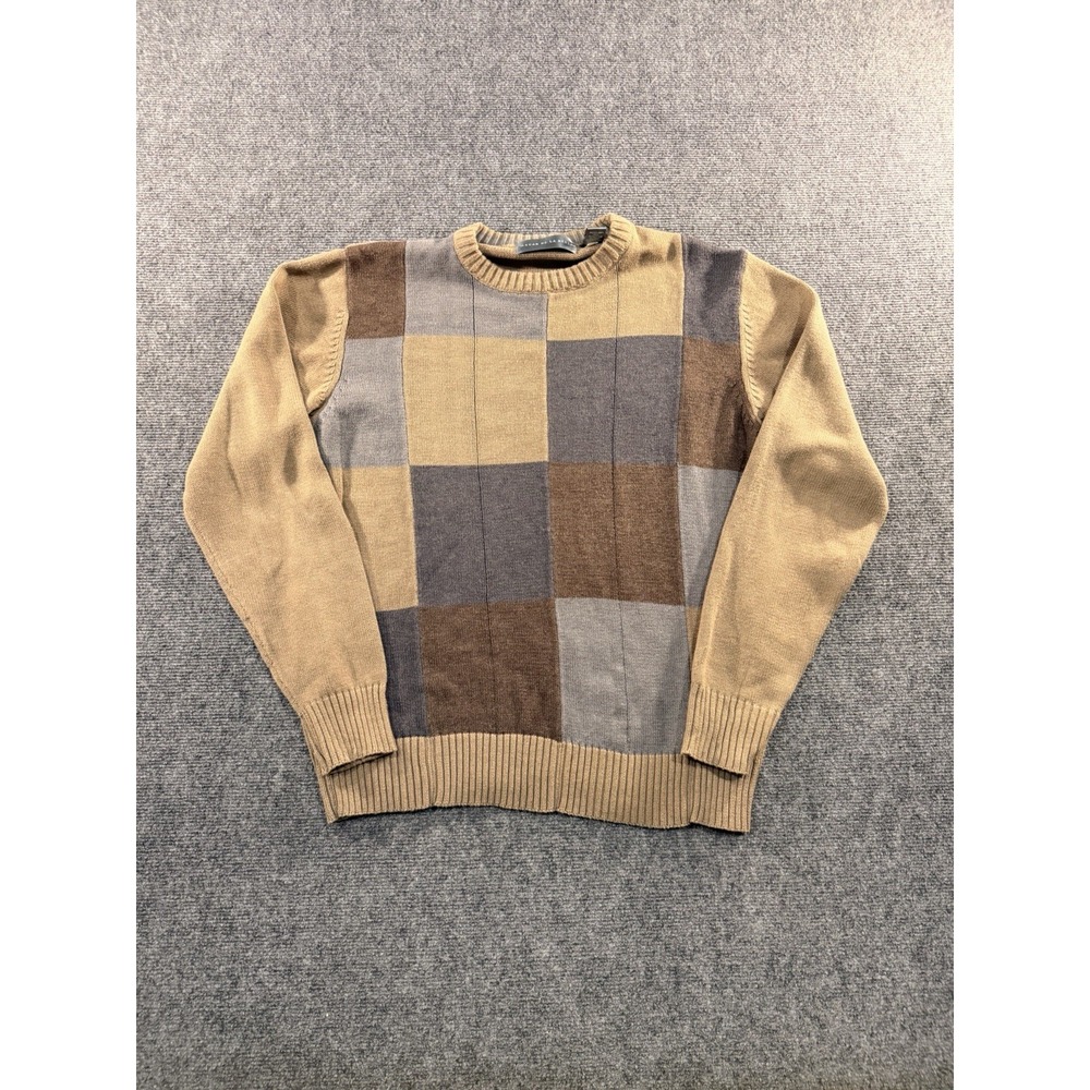 Oscar de La Renta Sweater Mens S Taupe Brown Gray Preppy Cotton Color Block